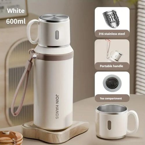 Mug isotherme portable de 600 ml pour le camping et les voyages, en acier inoxydable 316, avec couvercle filtrant - Blanc