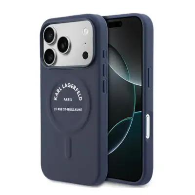 Coque Karl Lagerfeld pour iPhone 17 Pro – MagSafe, Polyuréthane et Boutons Logo RSG, Bleu Marine